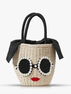 Straw Pearl-Trim Face Tote Bag with Black Accents